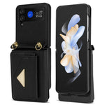 For Samsung Galaxy Z Flip4 5G Case Card Bag Leather+PC Drop-proof Cover with Shoulder Strap
