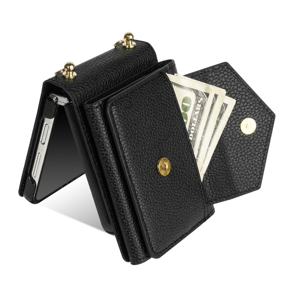 For Samsung Galaxy Z Flip4 5G Case Card Bag Leather+PC Drop-proof Cover with Shoulder Strap