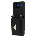 For Samsung Galaxy Z Flip4 5G Case Card Bag Leather+PC Drop-proof Cover with Shoulder Strap