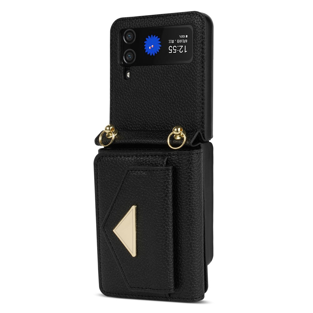 For Samsung Galaxy Z Flip4 5G Case Card Bag Leather+PC Drop-proof Cover with Shoulder Strap