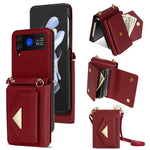 For Samsung Galaxy Z Flip4 5G Case Card Bag Leather+PC Drop-proof Cover with Shoulder Strap