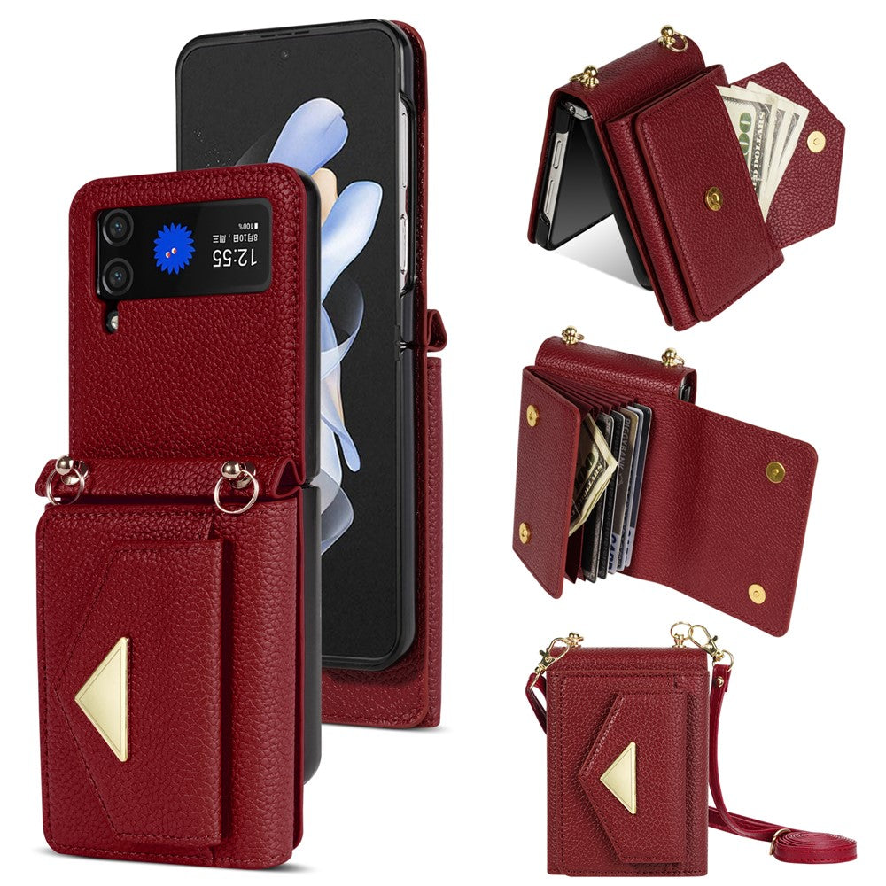 For Samsung Galaxy Z Flip4 5G Case Card Bag Leather+PC Drop-proof Cover with Shoulder Strap