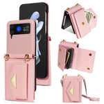 For Samsung Galaxy Z Flip4 5G Case Card Bag Leather+PC Drop-proof Cover with Shoulder Strap