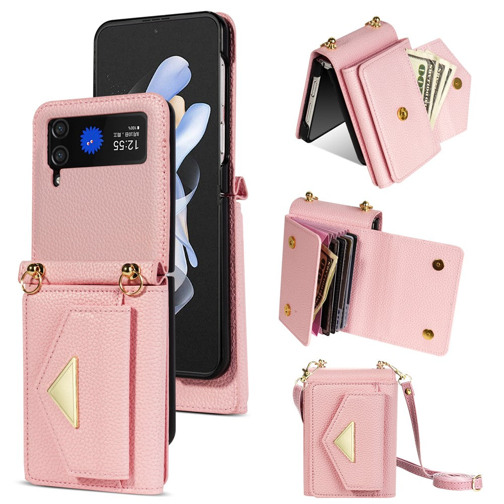 For Samsung Galaxy Z Flip4 5G Case Card Bag Leather+PC Drop-proof Cover with Shoulder Strap