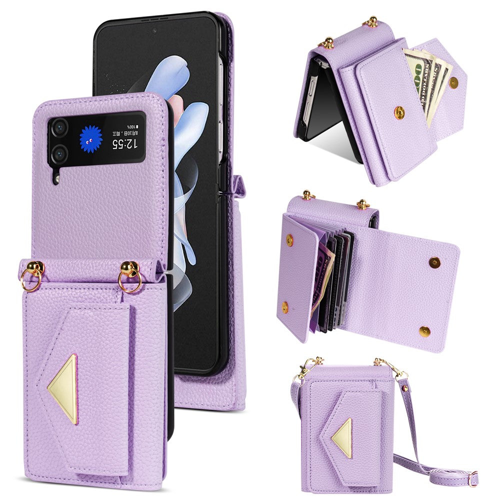 For Samsung Galaxy Z Flip4 5G Case Card Bag Leather+PC Drop-proof Cover with Shoulder Strap