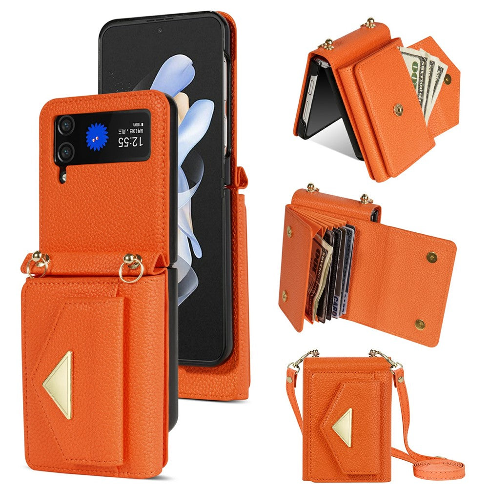 For Samsung Galaxy Z Flip4 5G Case Card Bag Leather+PC Drop-proof Cover with Shoulder Strap