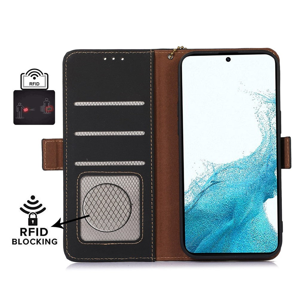 Til Samsung Galaxy A15 4G etui RFID-blokerende ægte okselæder tegnebog mobiltelefoncover