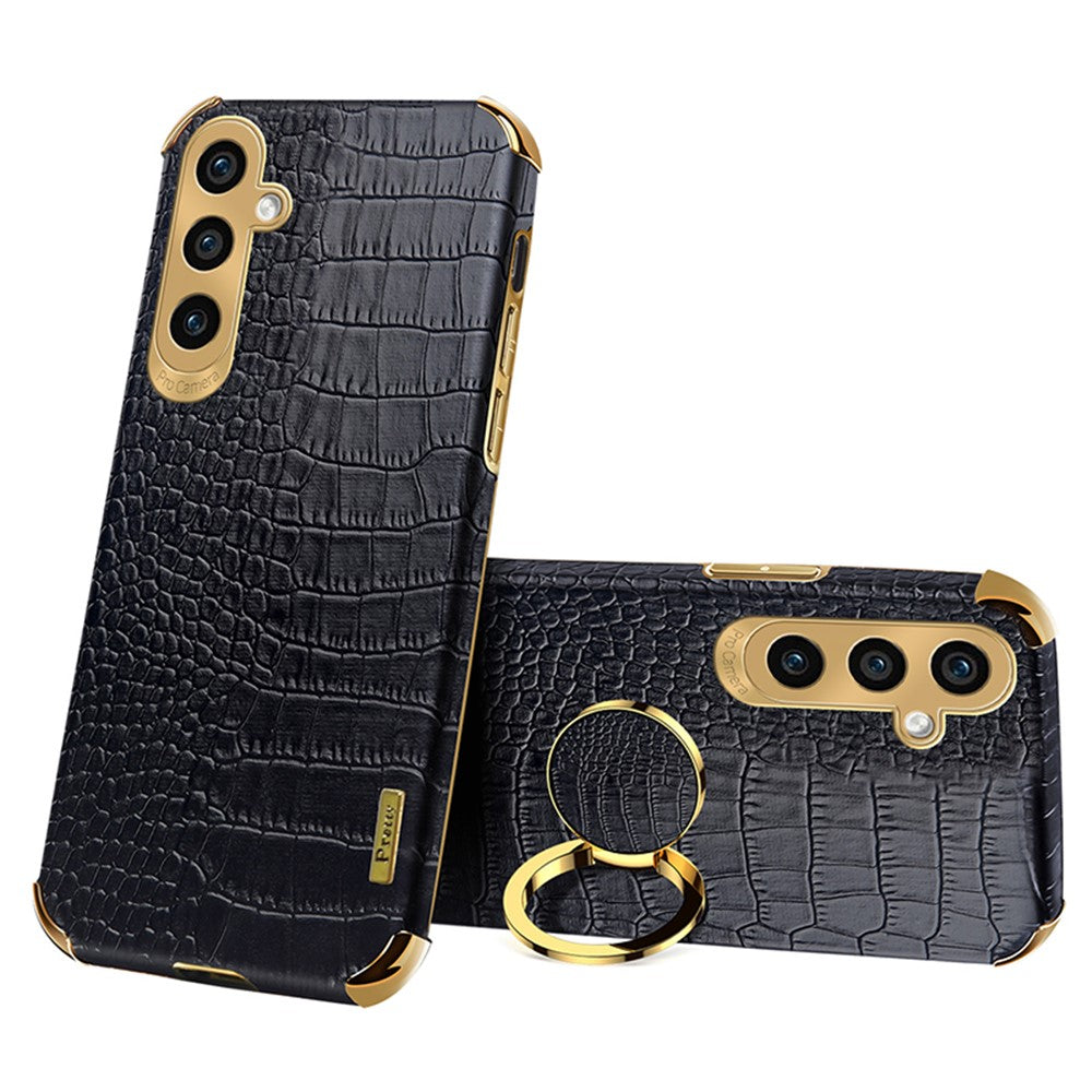 For Samsung Galaxy S23 FE Case Ring Kickstand Crocodile Texture Leather+TPU Phone Cover