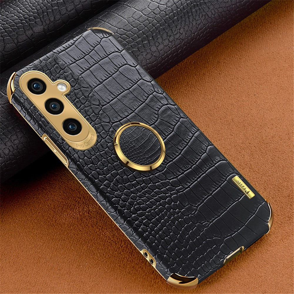 For Samsung Galaxy S23 FE Case Ring Kickstand Crocodile Texture Leather+TPU Phone Cover