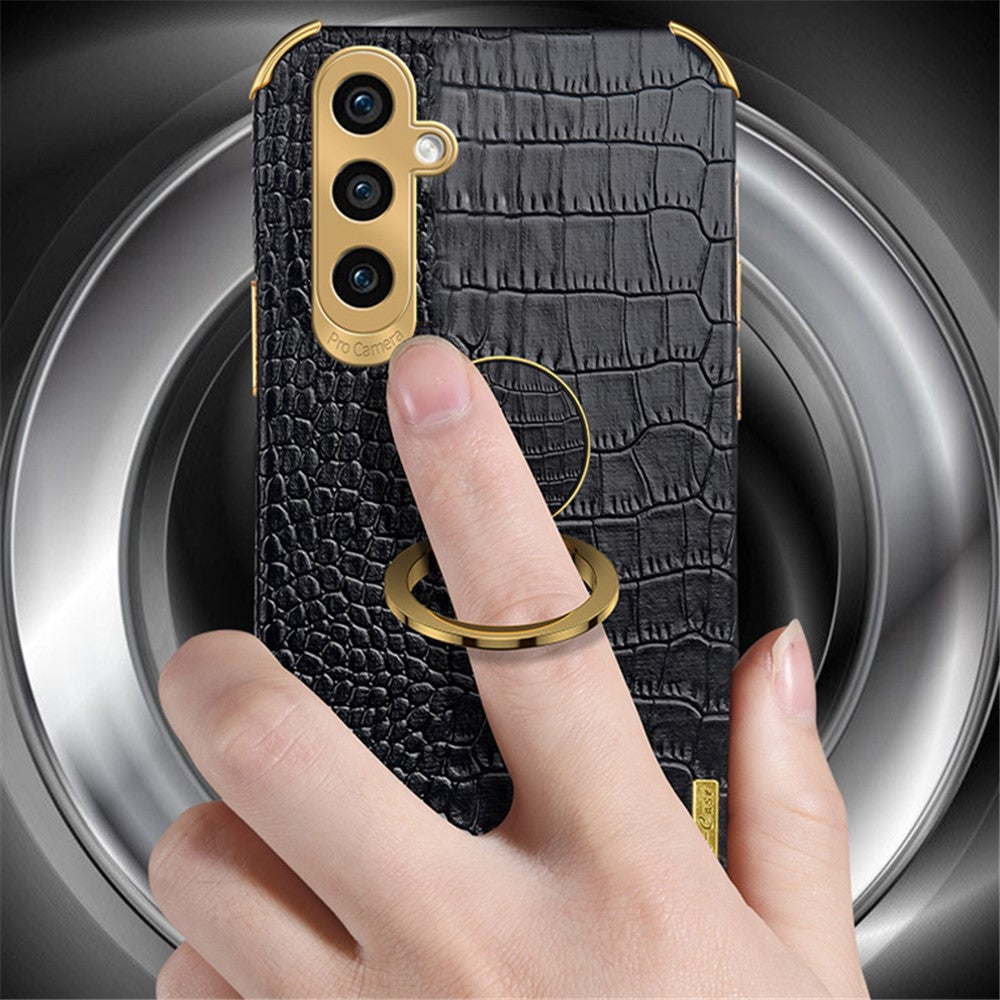 For Samsung Galaxy S23 FE Case Ring Kickstand Crocodile Texture Leather+TPU Phone Cover