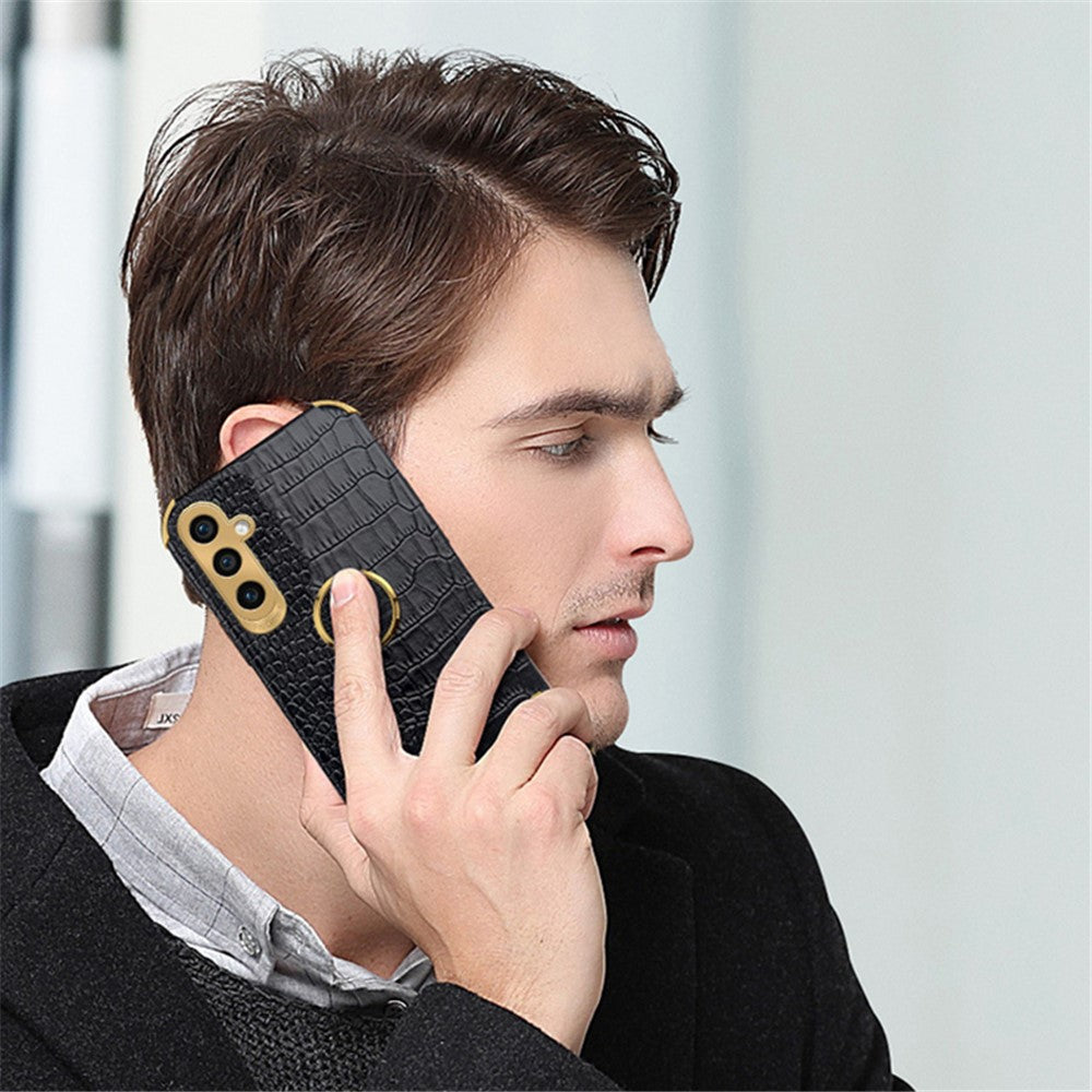 For Samsung Galaxy S23 FE Case Ring Kickstand Crocodile Texture Leather+TPU Phone Cover
