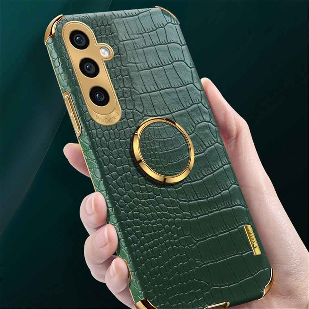 For Samsung Galaxy S23 FE Case Ring Kickstand Crocodile Texture Leather+TPU Phone Cover