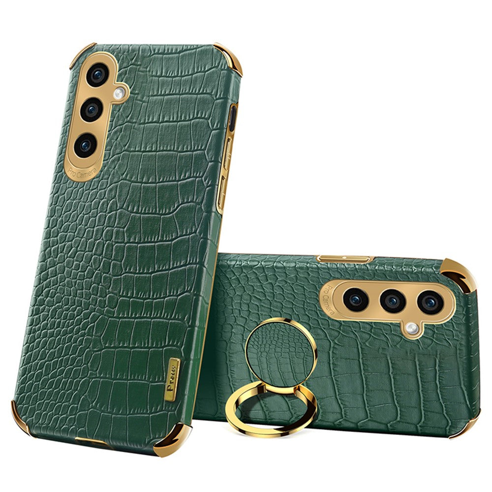 For Samsung Galaxy S23 FE Case Ring Kickstand Crocodile Texture Leather+TPU Phone Cover