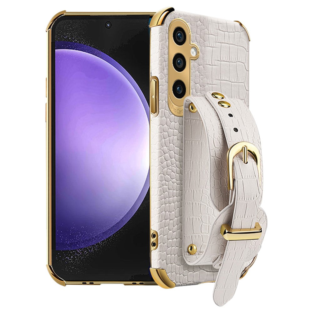 For Samsung Galaxy S23 FE Case Wristband PU Leather+TPU 6D Electroplating Phone Cover
