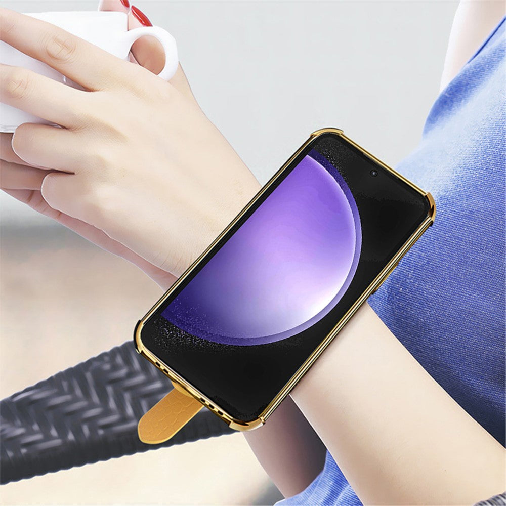 For Samsung Galaxy S23 FE Case Wristband PU Leather+TPU 6D Electroplating Phone Cover
