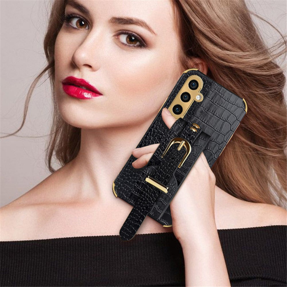 For Samsung Galaxy S23 FE Case Wristband PU Leather+TPU 6D Electroplating Phone Cover