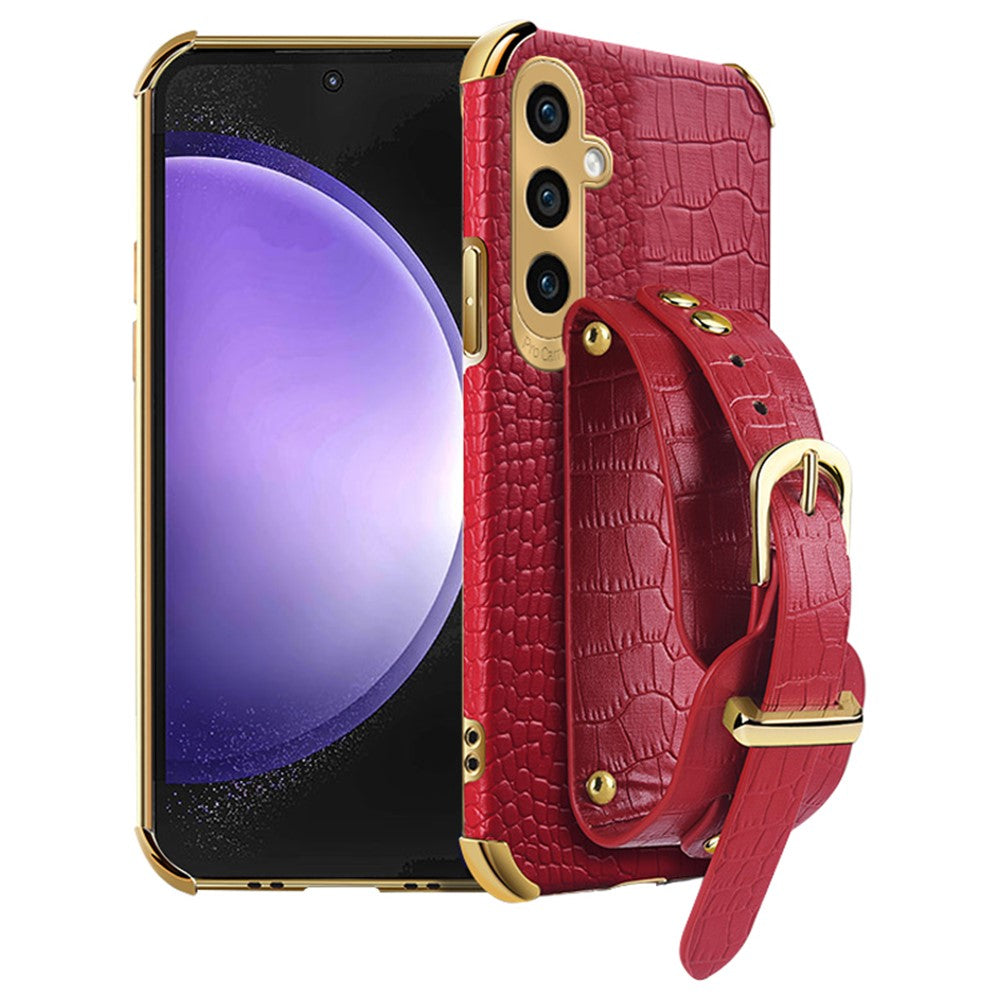 For Samsung Galaxy S23 FE Case Wristband PU Leather+TPU 6D Electroplating Phone Cover