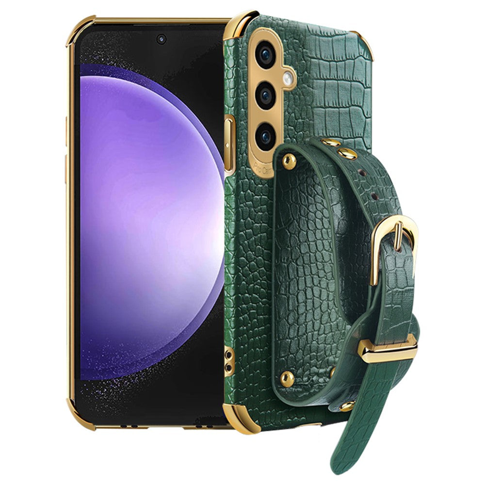 For Samsung Galaxy S23 FE Case Wristband PU Leather+TPU 6D Electroplating Phone Cover