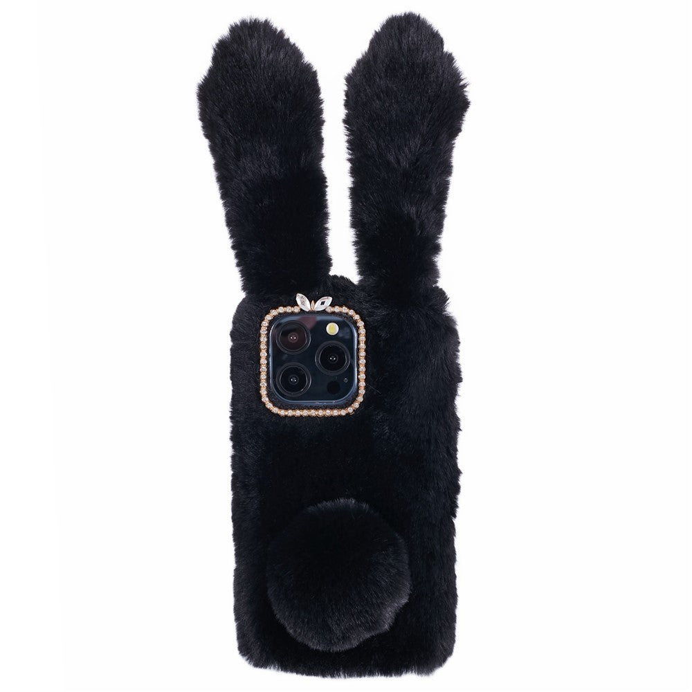 For iPhone 15 Pro Fluffy 3D Bunny Ears Cover Winter Warm Soft TPU Phone Case