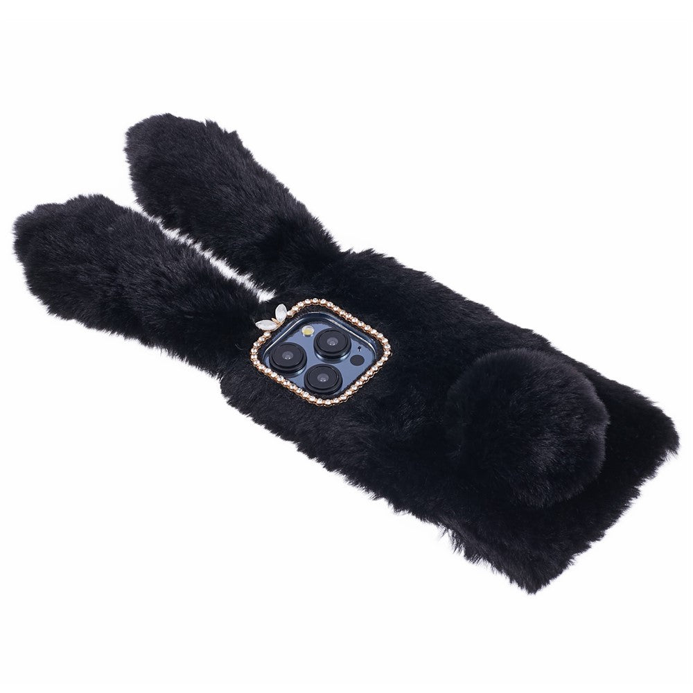 For iPhone 15 Pro Max Fluffy Furry 3D Bunny Ears Case Shockproof TPU Back Phone Cover