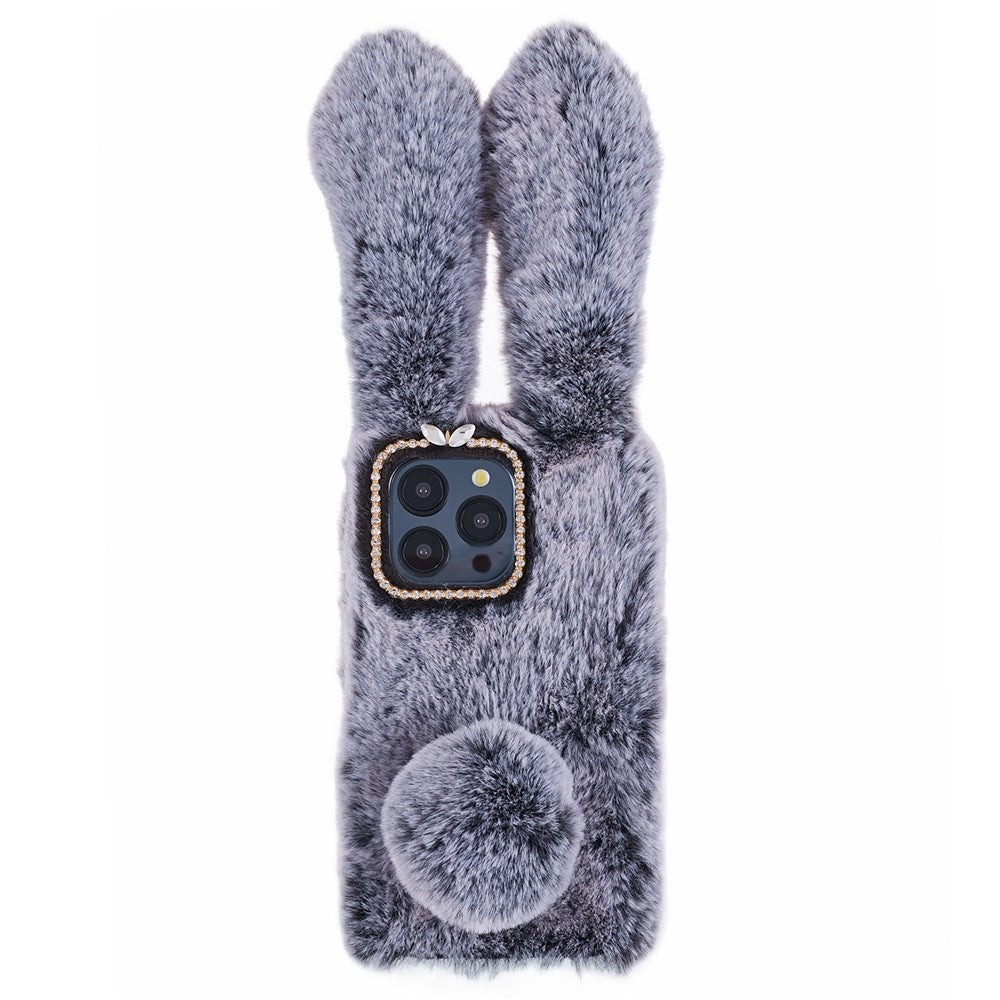 For iPhone 15 Pro Max Fluffy Furry 3D Bunny Ears Case Shockproof TPU Back Phone Cover