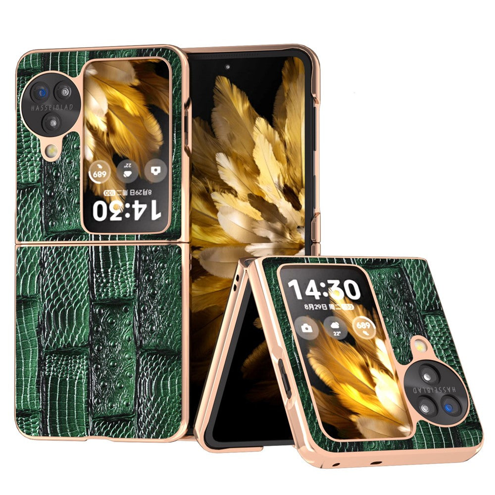 For Oppo Find N3 Flip 5G Case Mahjong Texture Genuine Cow Leather + PC Electroplated Phone Cover