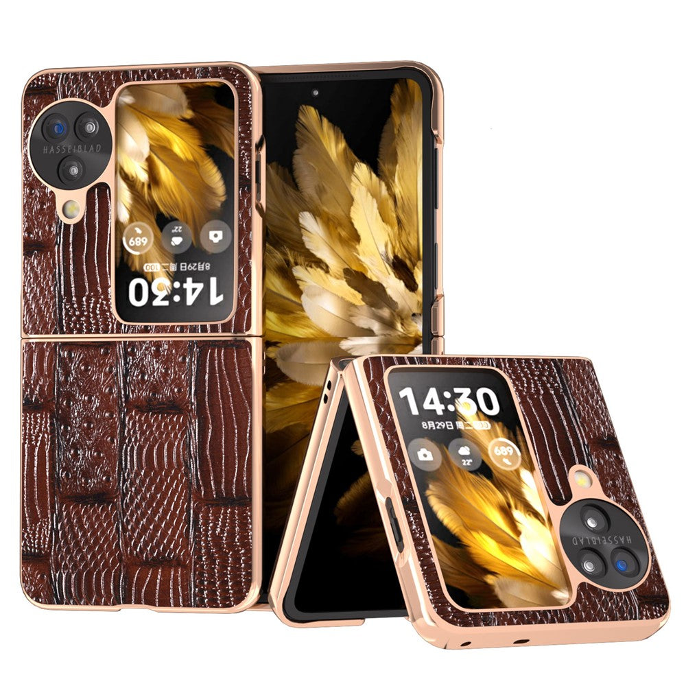 For Oppo Find N3 Flip 5G Case Mahjong Texture Genuine Cow Leather + PC Electroplated Phone Cover