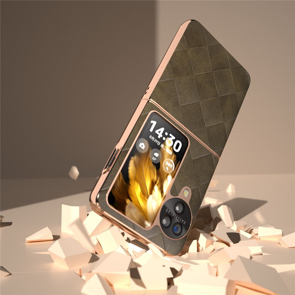 For Oppo Find N3 Flip 5G Case PU Leather + PC Grid Texture Electroplating Cover