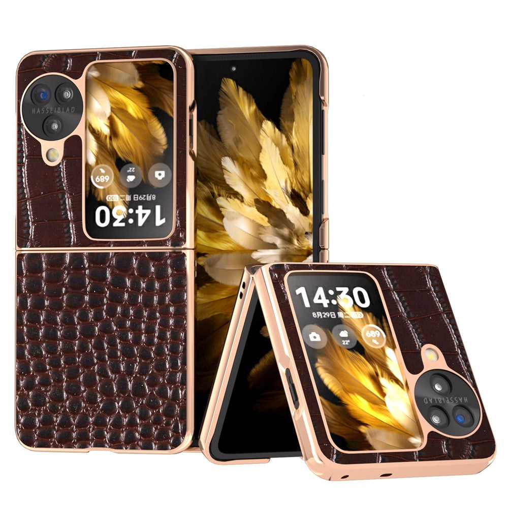 For Oppo Find N3 Flip 5G Case Crocodile Texture Genuine Cow Leather + PC Phone Cover