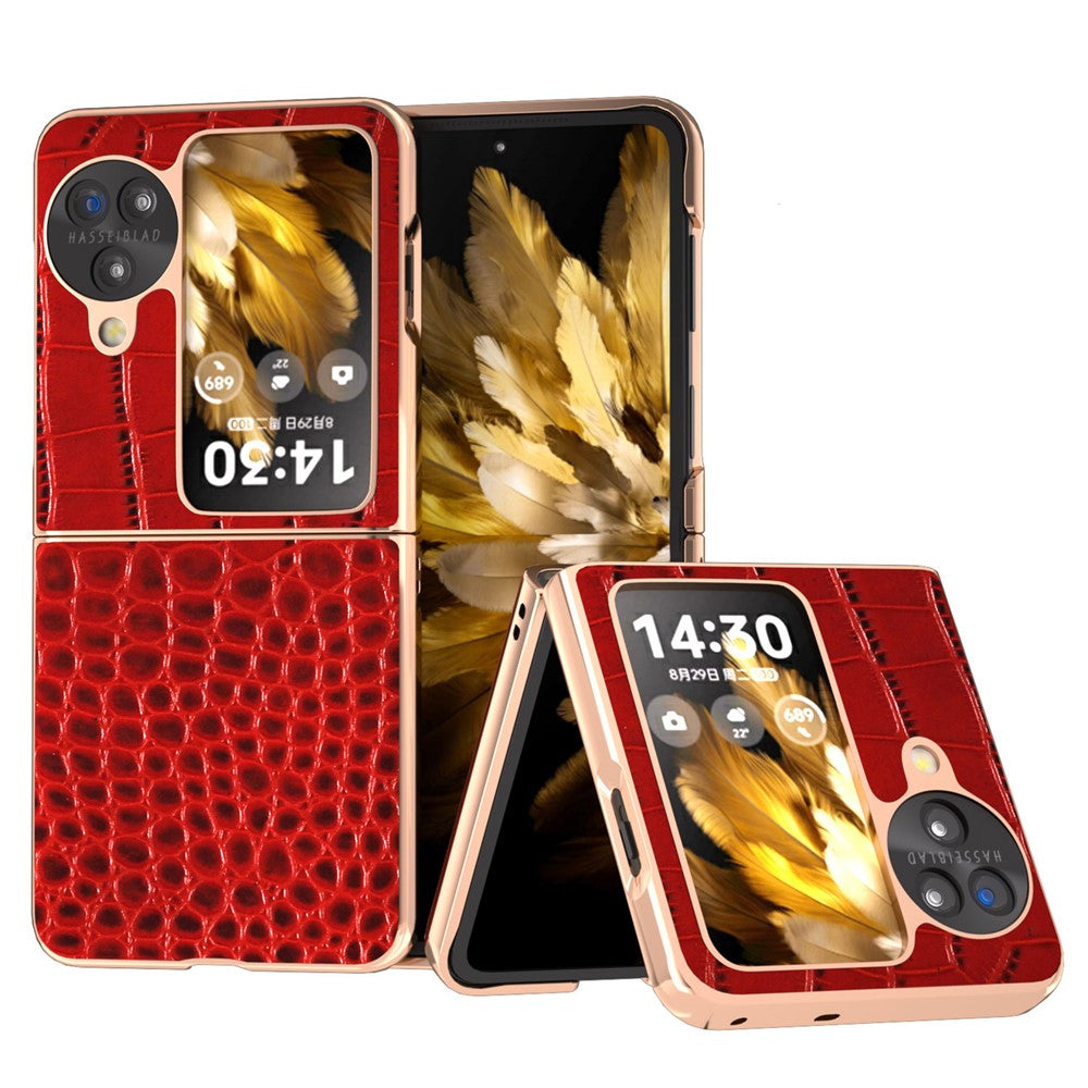 For Oppo Find N3 Flip 5G Case Crocodile Texture Genuine Cow Leather + PC Phone Cover