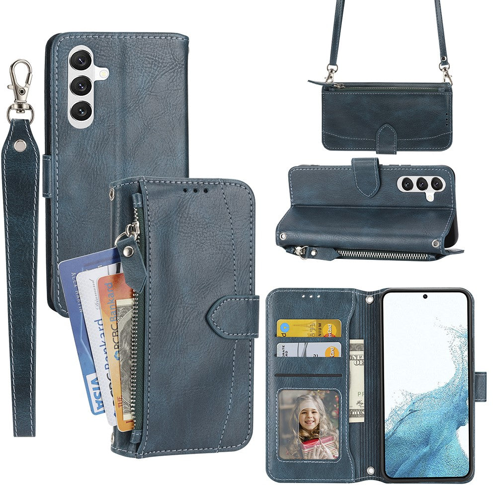 For Samsung Galaxy S23 FE Case Zipper Wallet PU Leather Stand Cell Phone Cover with 2 Straps