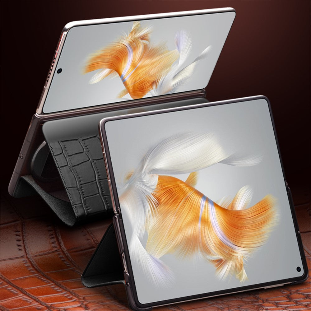 QIALINO För Huawei Mate X3 5G Skal Stativ Äkta Koläder View Window mobilskal