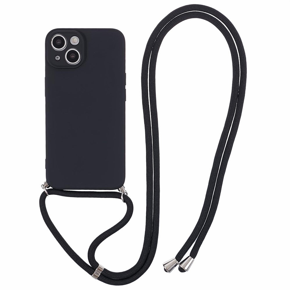 For iPhone 15 TPU Phone Case Fiber Lining Rubberized Cover with Long Lanyard