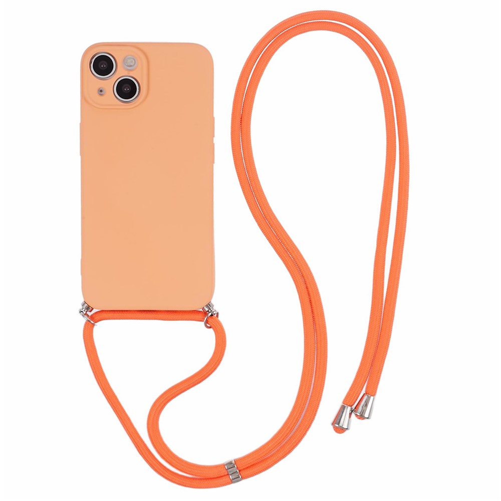 For iPhone 15 TPU Phone Case Fiber Lining Rubberized Cover with Long Lanyard