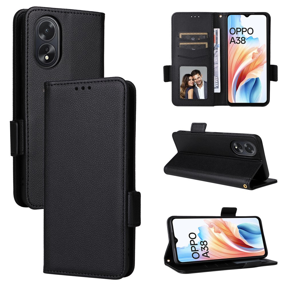 For Oppo A18 4G / A38 4G Phone Case Litchi Texture Stand Wallet Cover with Strap