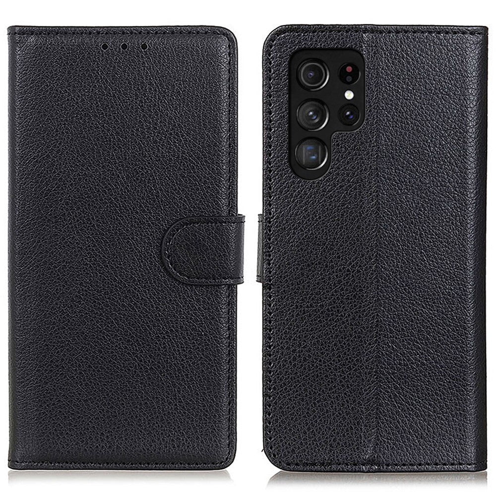 Samsung Galaxy S24 Ultra-skal i litchitexturerat läder med stativ, plånbok