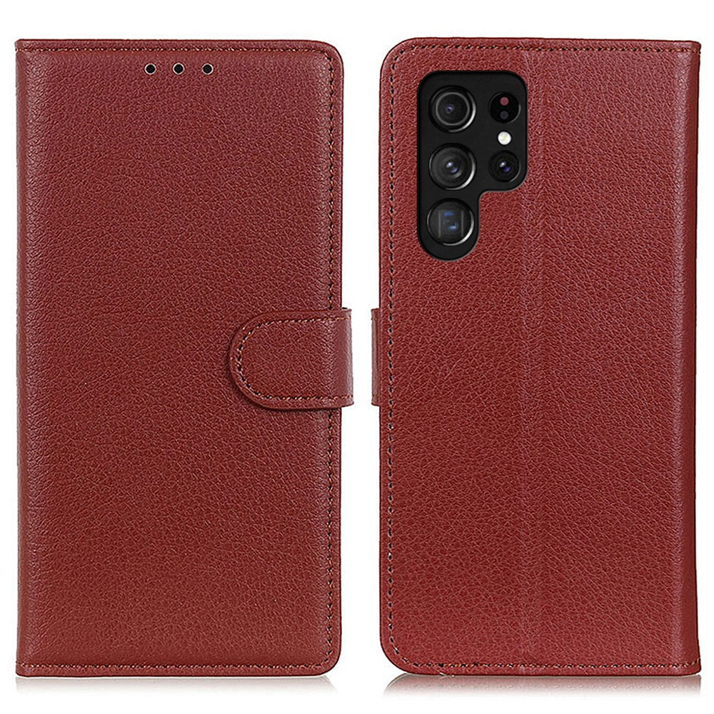 Samsung Galaxy S24 Ultra-skal i litchitexturerat läder med stativ, plånbok