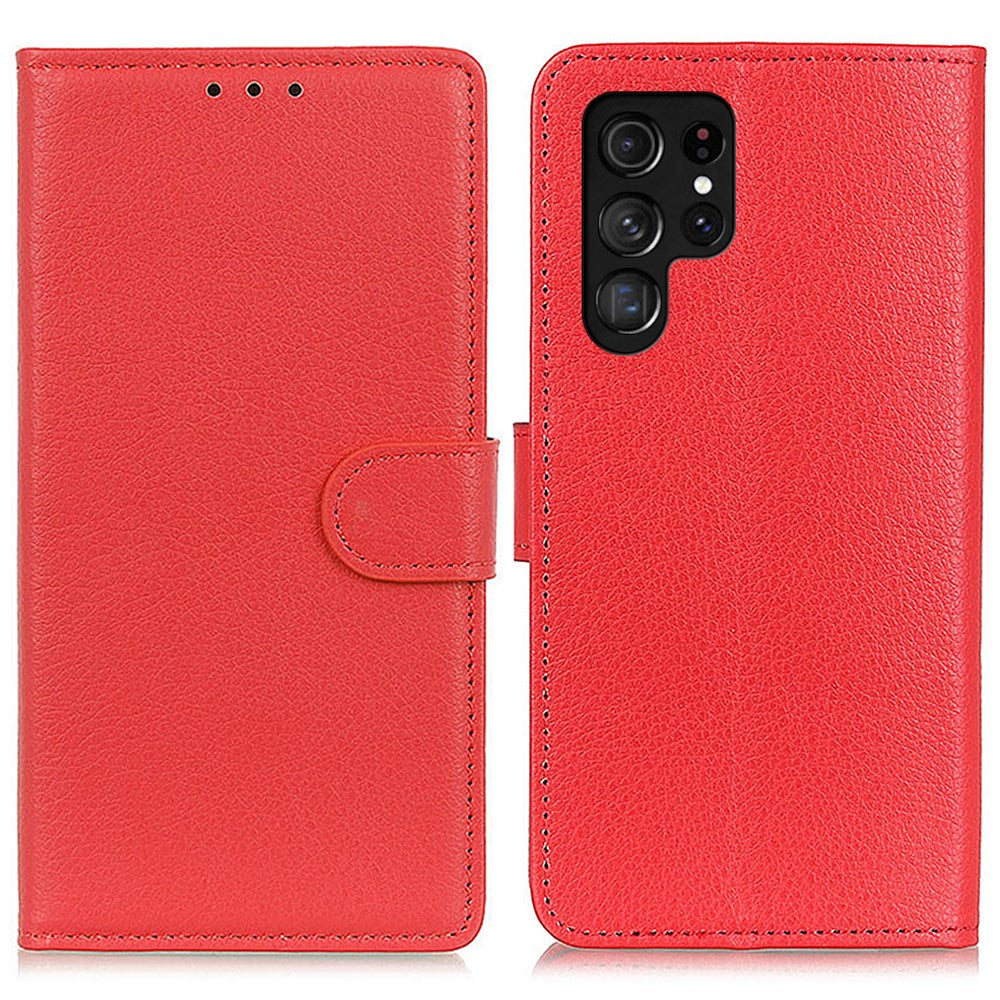 Samsung Galaxy S24 Ultra-skal i litchitexturerat läder med stativ, plånbok