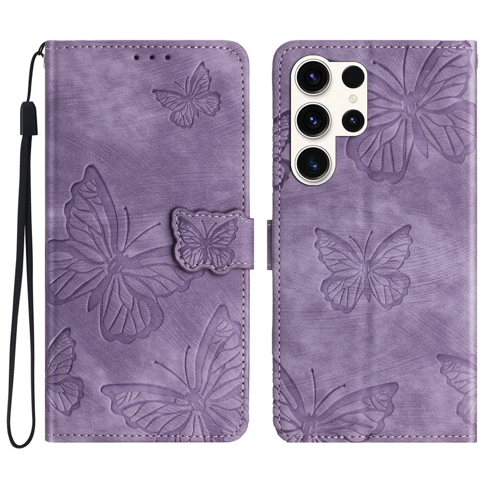 For Samsung Galaxy S24 Ultra Case Butterfly Imprinted PU Leather Wallet Phone Cover with Strap