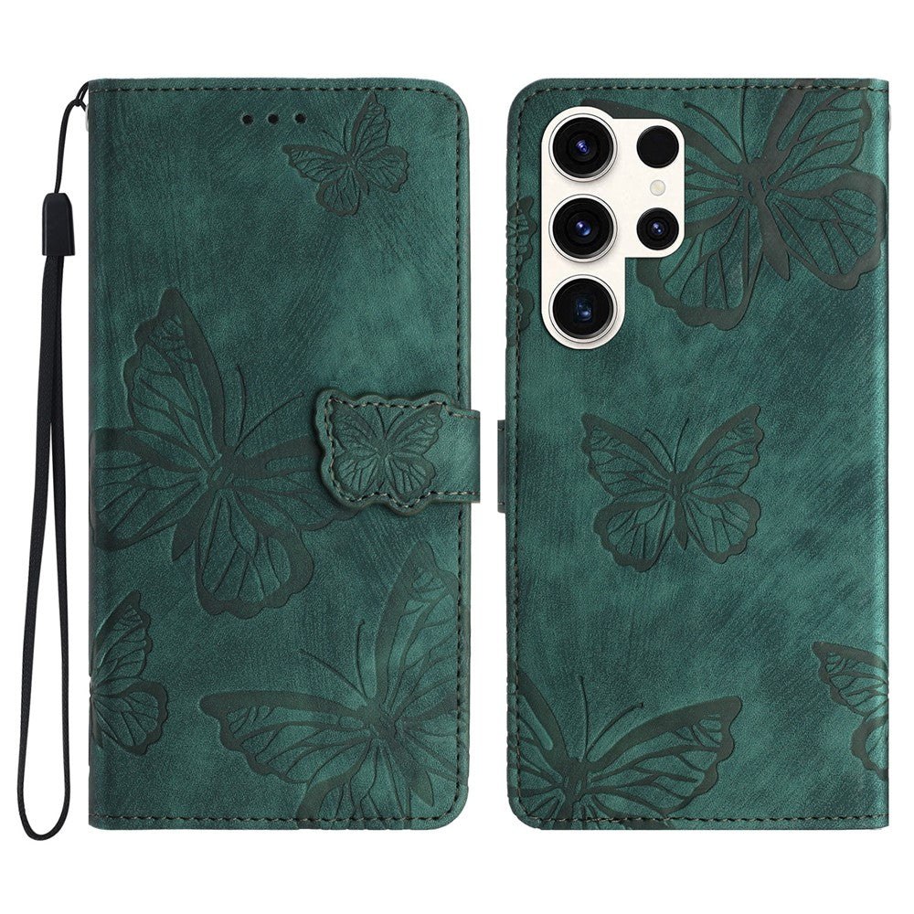 For Samsung Galaxy S24 Ultra Case Butterfly Imprinted PU Leather Wallet Phone Cover with Strap
