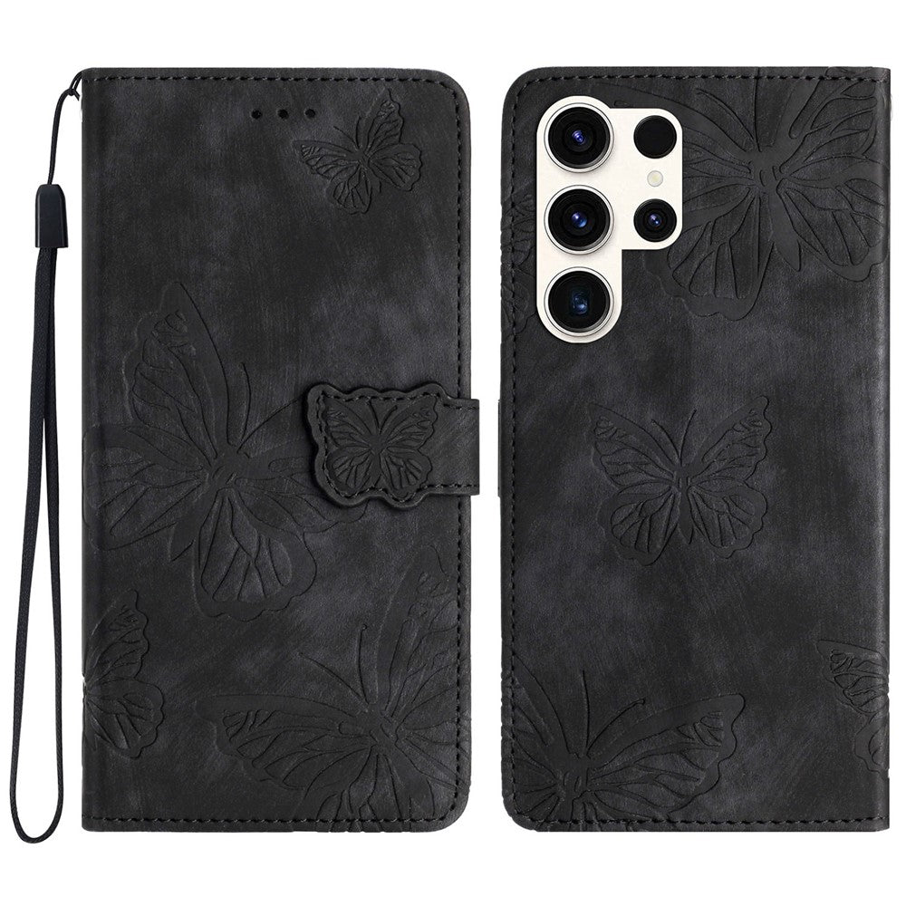 For Samsung Galaxy S24 Ultra Case Butterfly Imprinted PU Leather Wallet Phone Cover with Strap