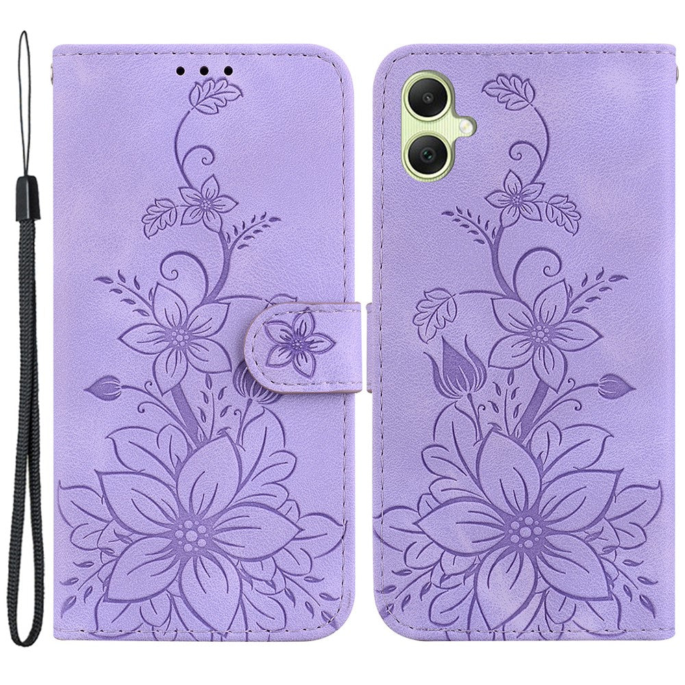 For Samsung Galaxy A05 4G Case Leather Wallet Lily Flower Imprint Phone Anti-drop Cover