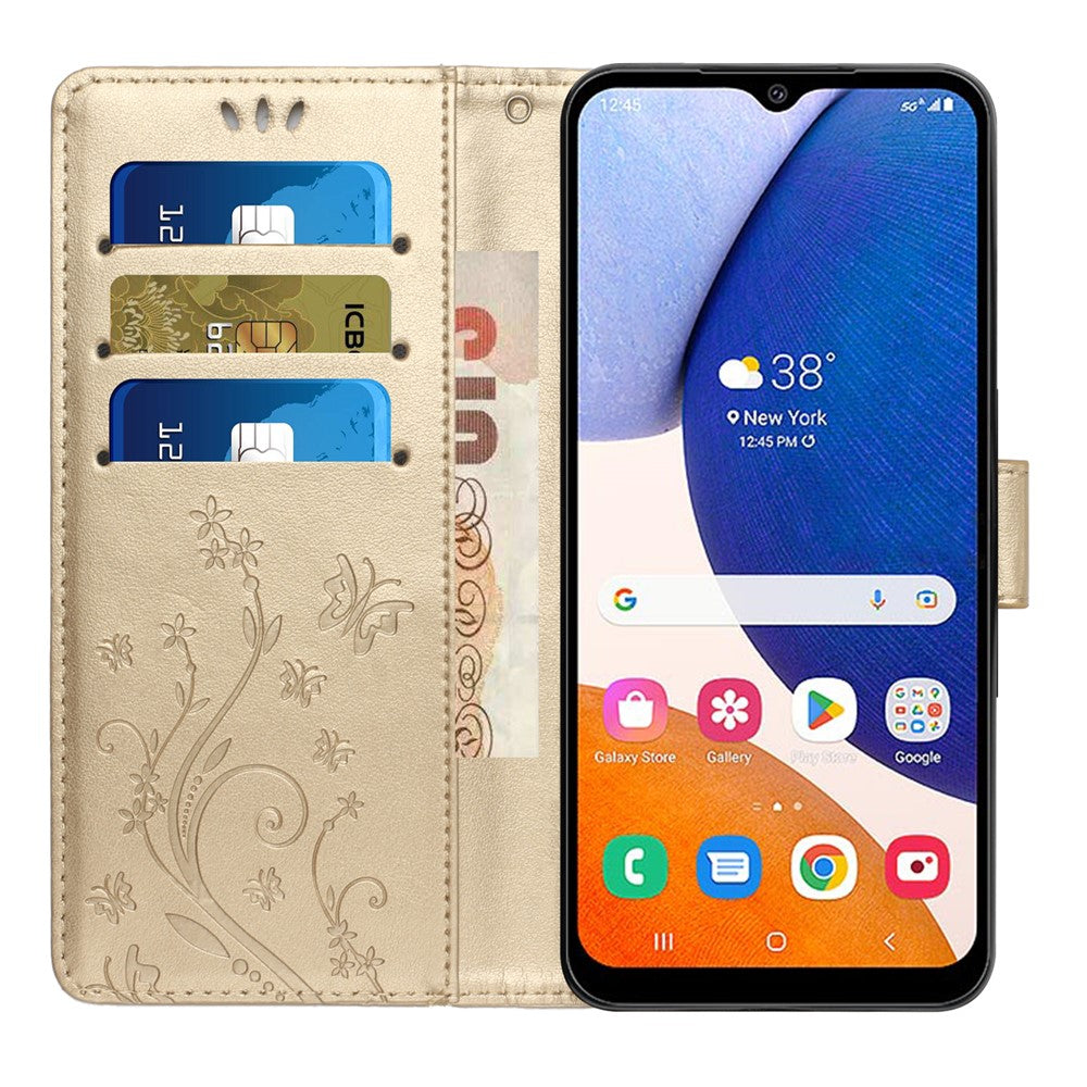 Til Samsung Galaxy A15 4G Lædercover Sommerfugl Præg Pung Cover
