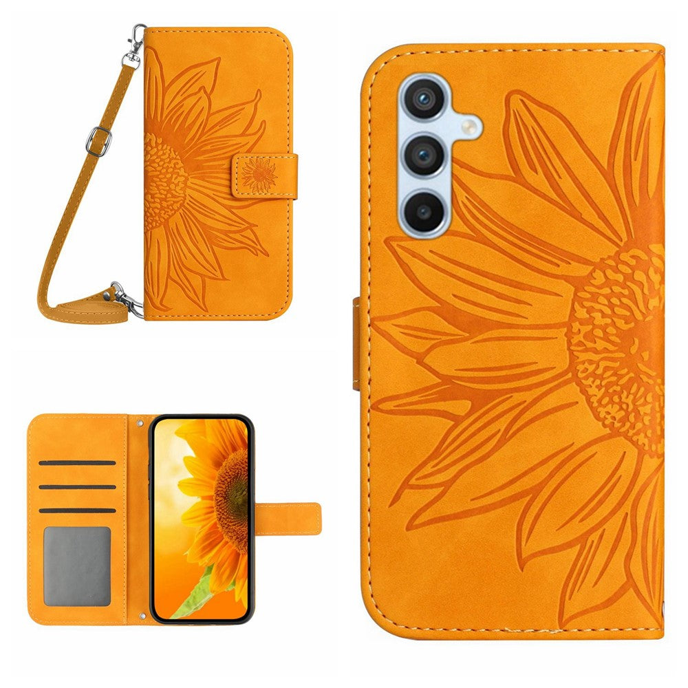 HT04 For Samsung Galaxy S24+ Case Sunflower Imprint Shell Leather Cover with Shoulder Strap