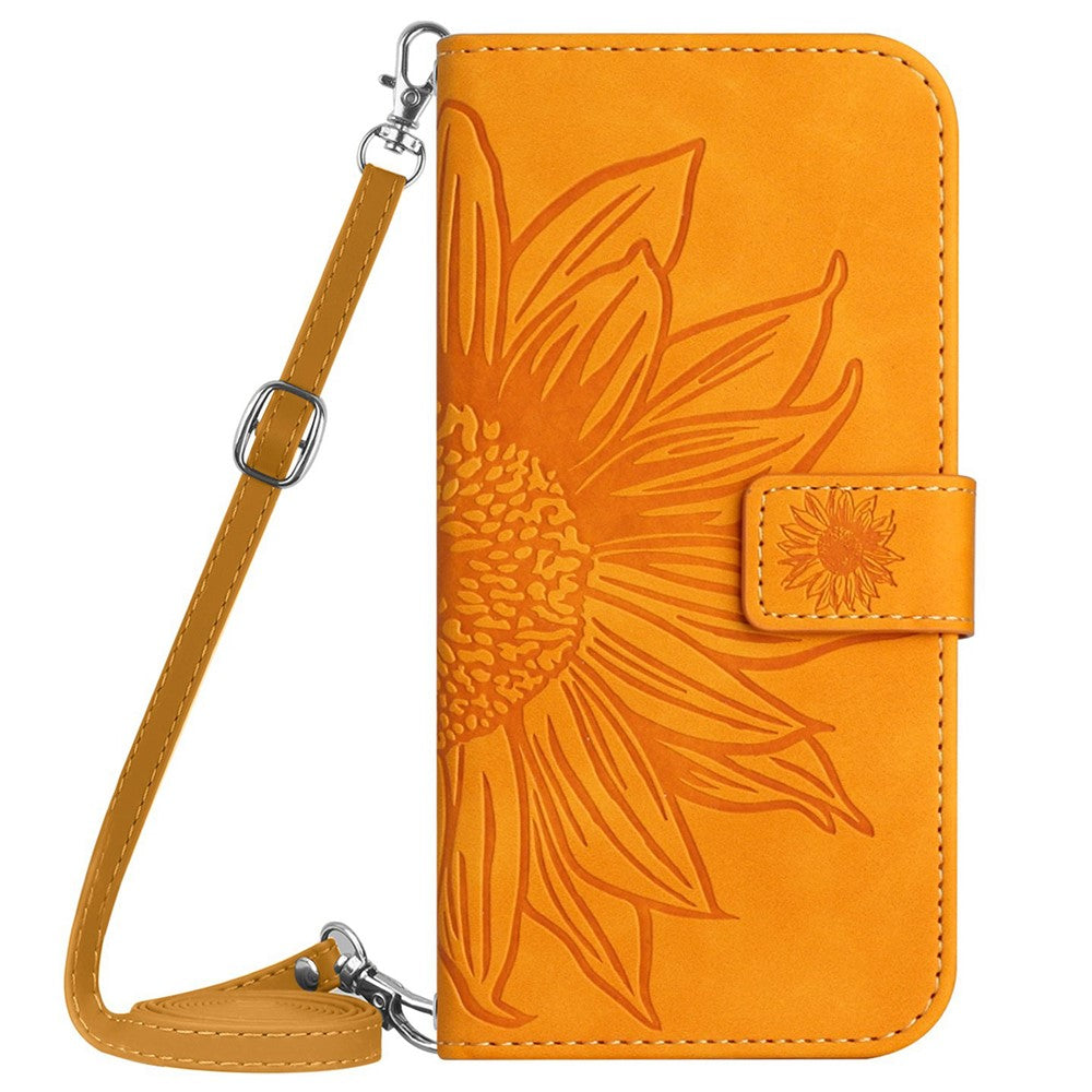 HT04 For Samsung Galaxy S24+ Case Sunflower Imprint Shell Leather Cover with Shoulder Strap
