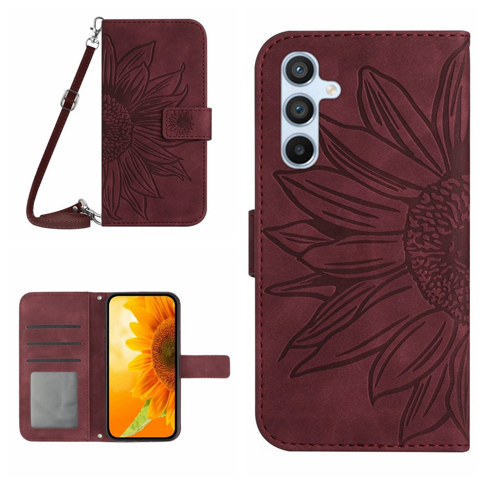 HT04 For Samsung Galaxy S24+ Case Sunflower Imprint Shell Leather Cover with Shoulder Strap