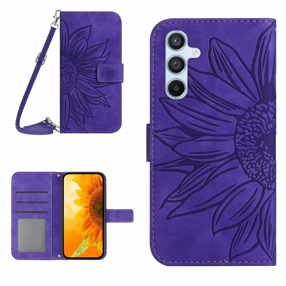 HT04 For Samsung Galaxy S24+ Case Sunflower Imprint Shell Leather Cover with Shoulder Strap