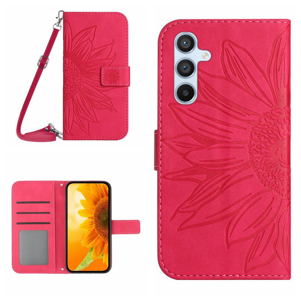 HT04 For Samsung Galaxy S24+ Case Sunflower Imprint Shell Leather Cover with Shoulder Strap