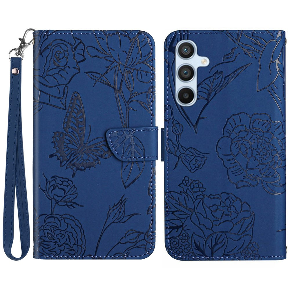 HT03 Til Samsung Galaxy A15 4G Lædercover Præget Blomstercover med Håndrem