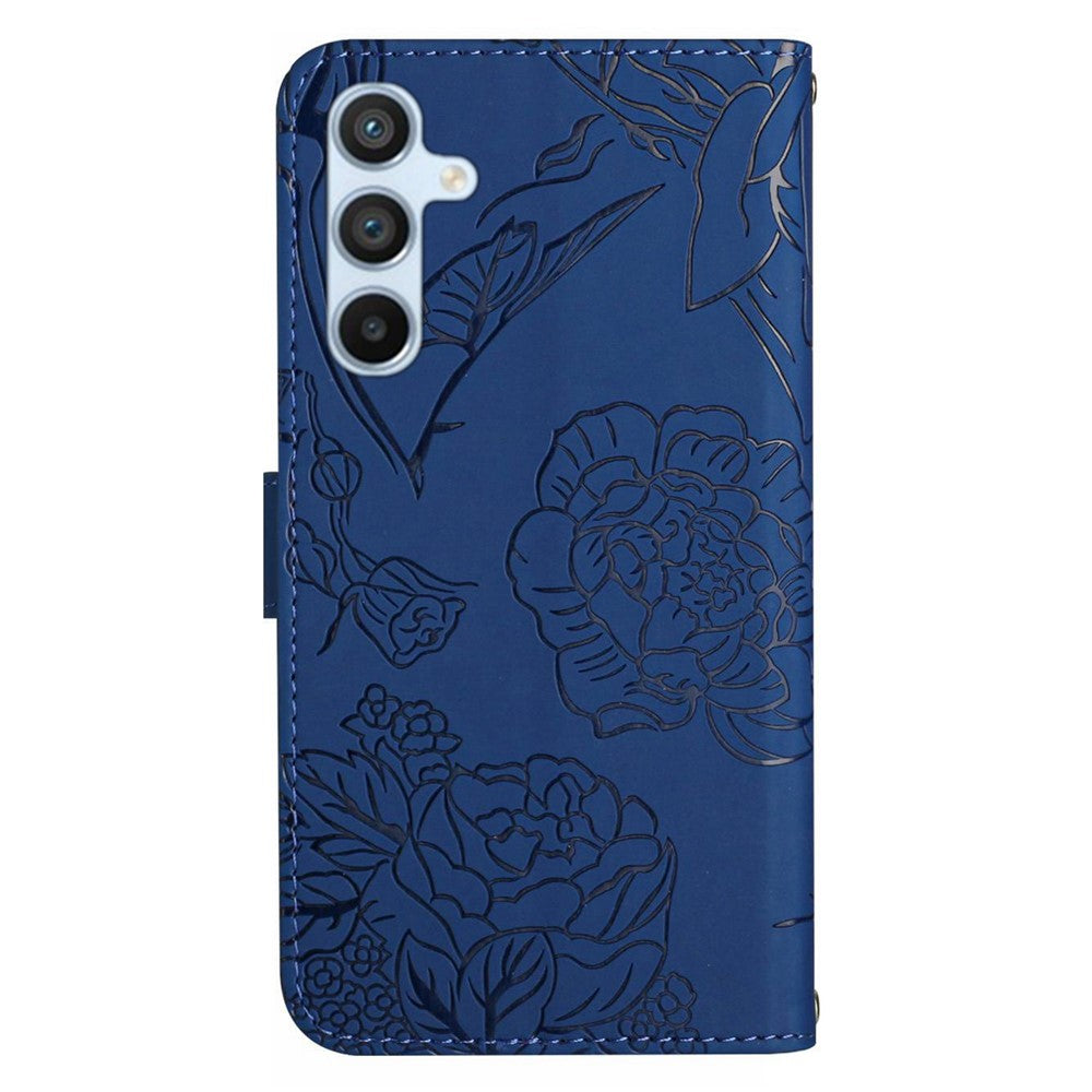 HT03 Til Samsung Galaxy A15 4G Lædercover Præget Blomstercover med Håndrem